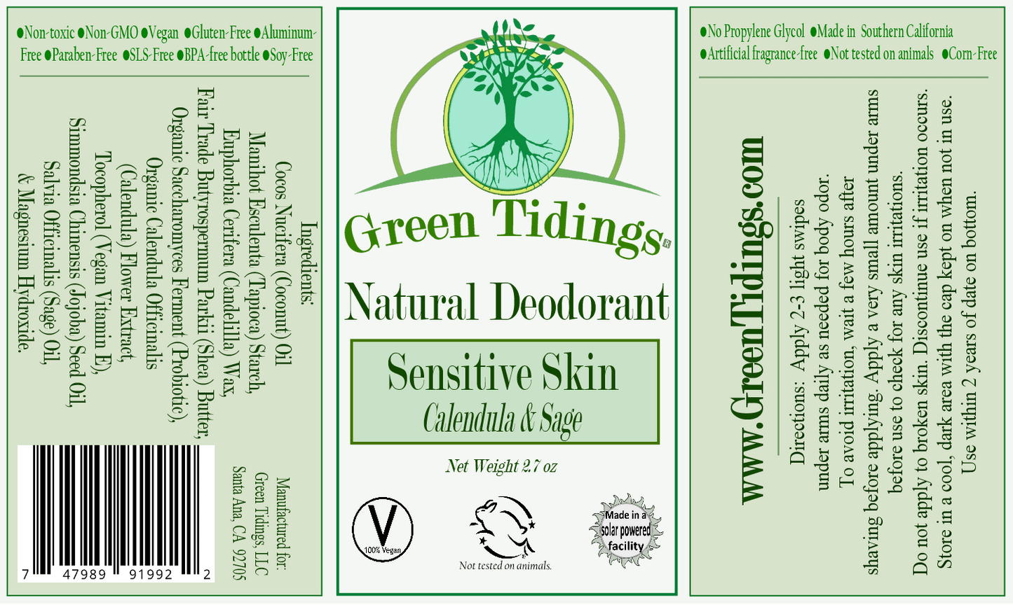 3 PACK (15% OFF) (1 Ounce) Sensitive Skin Natural Deodorant, Calendula & Sage (No Baking Soda) - Green Tidings