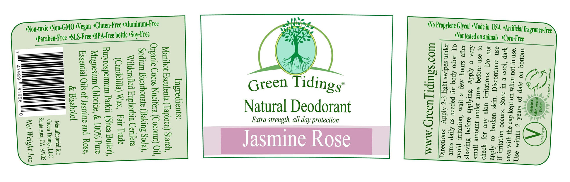Green Tidings All Natural Deodorant- Jasmine Rose, 1 Ounce - Green Tidings