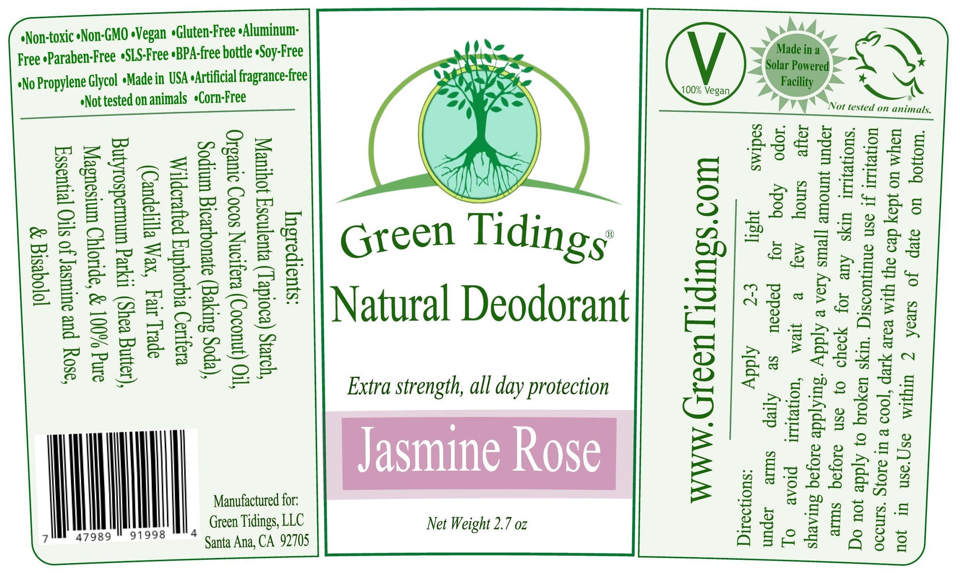 Green Tidings All Natural Deodorant- Jasmine Rose, 2.7 Ounces - Green Tidings