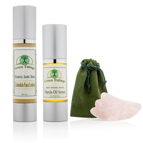 15% OFF BUNDLE: Calendula Face Lotion + Marula Oil Serum + Rose Quartz Gua Sha with Velvet Pouch - Green Tidings