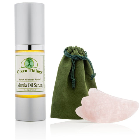 15% OFF BUNDLE: Marula Oil Serum + Rose Quartz Gua Sha with Velvet Carrying Pouch - Green Tidings