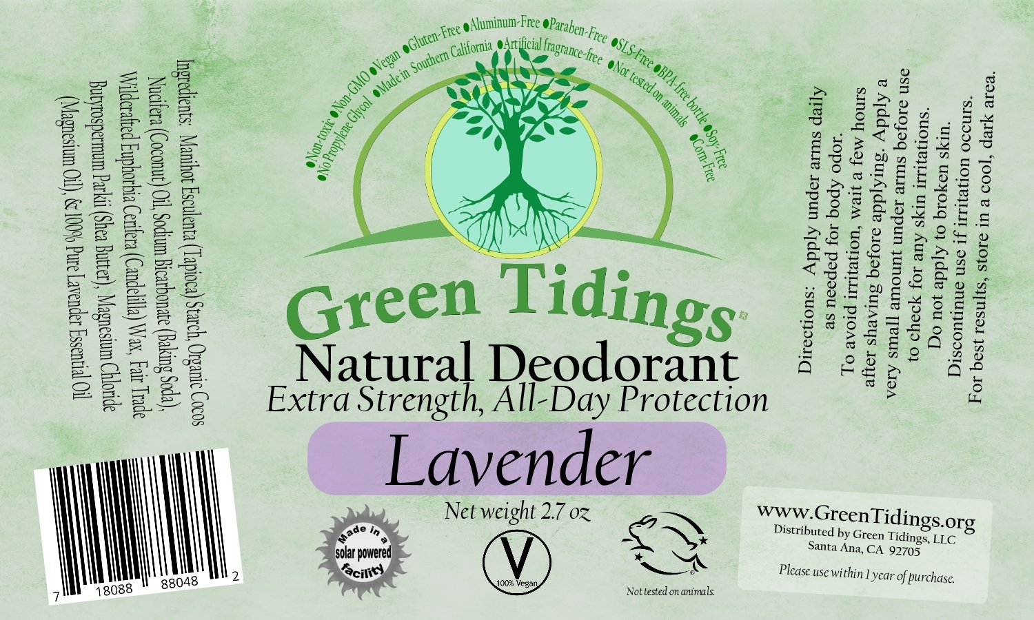 Green Tidings All Natural Deodorant- Lavender, 2.7 Ounces - Green Tidings