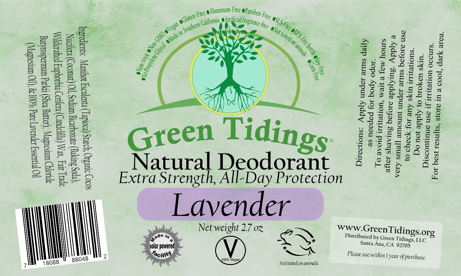 Green Tidings All Natural Deodorant- Lavender, 2.7 Ounces (5 PACK) - Green Tidings
