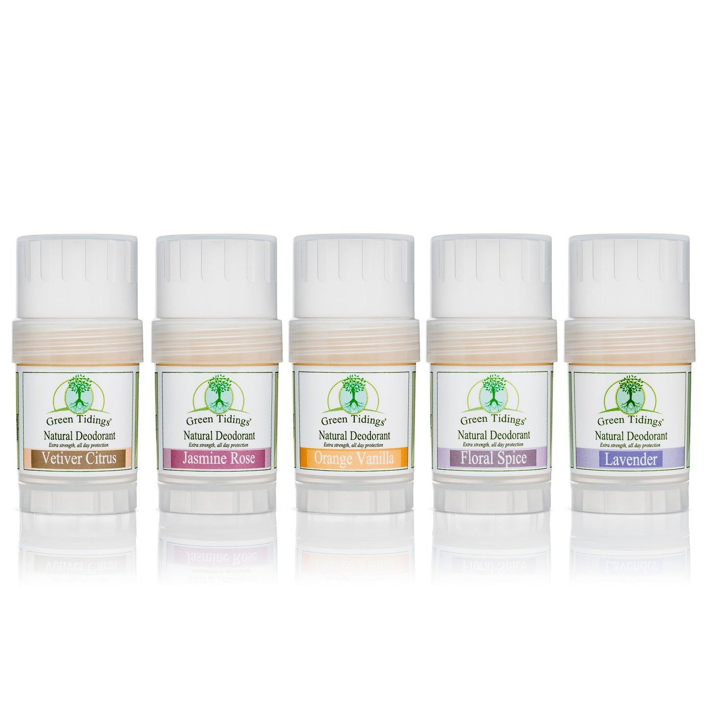 Green Tidings Natural Deodorant- 5 Pack Scent Sampler (1 ounce, tester/travel size) - Green Tidings