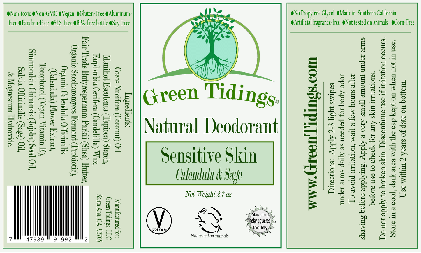 Sensitive Skin Natural Deodorant, Calendula & Sage (1 Ounce) (No Baking Soda) - Green Tidings